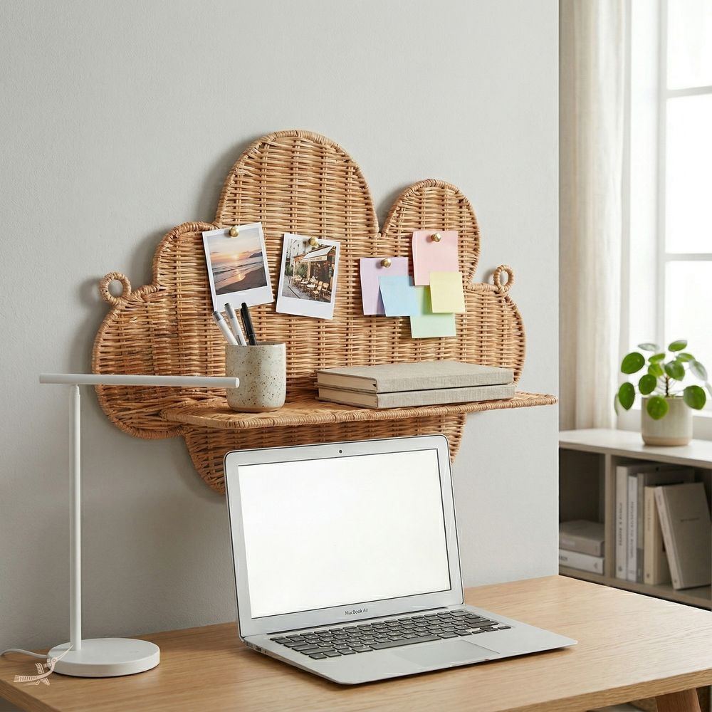 Mâya - Étagère murale nuage en rotin tressé main – vue d'ambiance – Produit artisanal fait à la main · Kuênia