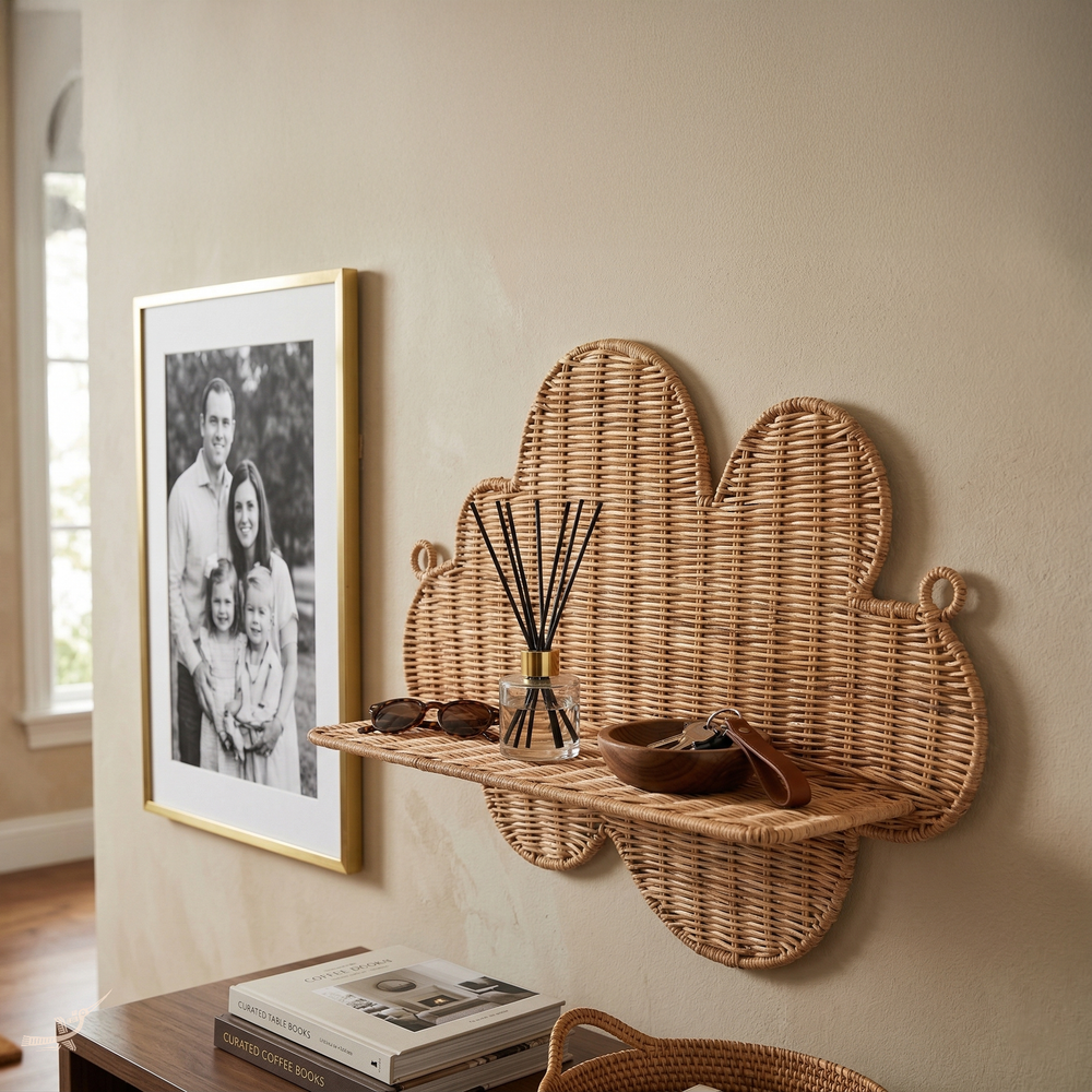 Mâya - Étagère murale nuage en rotin tressé main – vue d'usage – Produit artisanal fait à la main · Kuênia