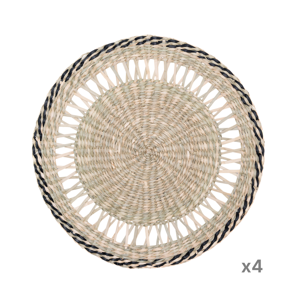 Couronne Alizée - Set de table rond en jonc de mer avec liseré noir sur fond transparent – Produit artisanal fait à la main · Kuênia