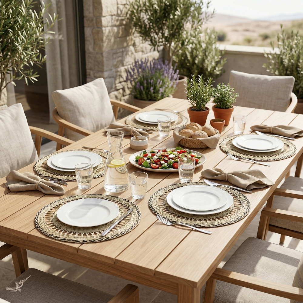Couronne Alizée - Set de table rond en jonc de mer avec liseré noir – mise en scène – Produit artisanal fait à la main · Kuênia