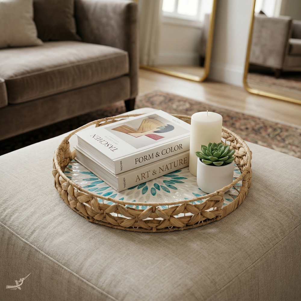 Marinia Grande - Plateau rond en jacinthe d'eau et nacre – mise en scène – Produit artisanal fait à la main · Kuênia