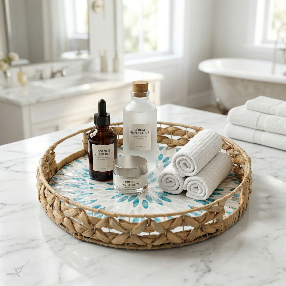 Marinia Grande - Plateau rond en jacinthe d'eau et nacre – vue d'ambiance – Produit artisanal fait à la main · Kuênia