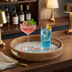 Embrasia - Round tray in handmade rattan and mother-of-pearl – in-use view – Handcrafted product, handmade · Kuênia