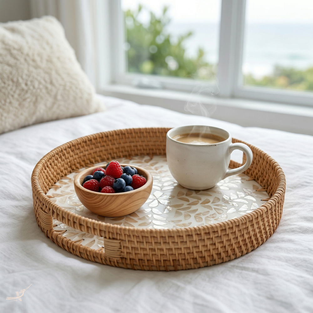 Opalia - Round tray in handmade rattan and mother-of-pearl – lifestyle view – Handcrafted product, handmade · Kuênia