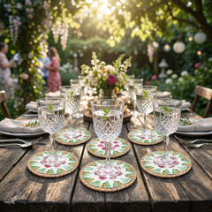 Ronde de Cerisier - Set of 6 coasters in handmade rattan and mother-of-pearl, pink and green floral pattern – lifestyle view – Handcrafted product, handmade · Kuênia