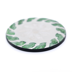 Tourbillons d'Émeraude - Boxed set of 6 coasters all mother-of-pearl, swirling botanical pattern – view 3 – Handcrafted product, handmade · Kuênia