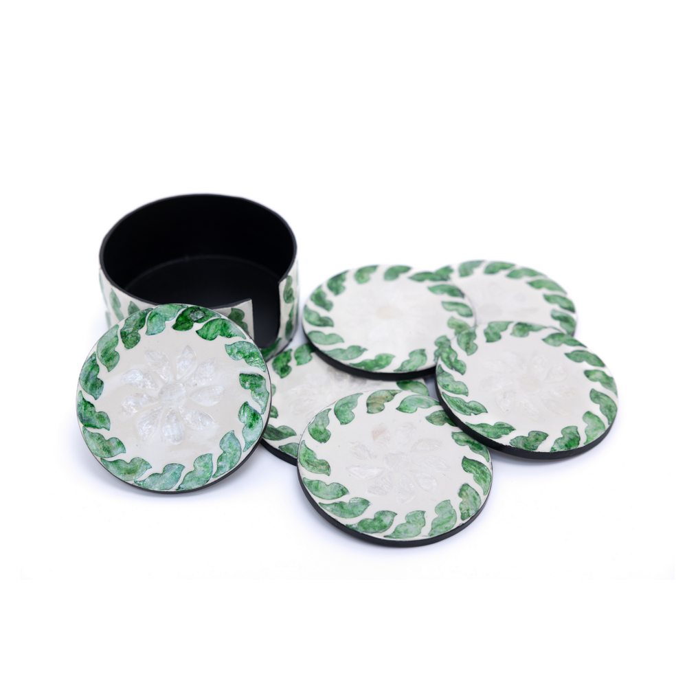 Tourbillons d'Émeraude - Boxed set of 6 coasters all mother-of-pearl, swirling botanical pattern – view 4 – Handcrafted product, handmade · Kuênia