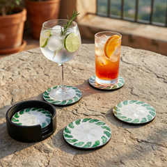 Tourbillons d'Émeraude - Boxed set of 6 coasters all mother-of-pearl, swirling botanical pattern – staged view – Handcrafted product, handmade · Kuênia