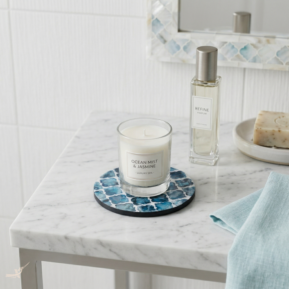 Alvéoles de Saphir - Coffret de 6 sous-verres tout nacre, motif bleu alvéolé – vue d'ambiance – Produit artisanal fait à la main · Kuênia