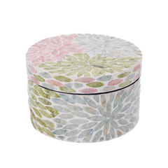 Le Jardin Secret - Boîte décorative ronde en nacre, motif fleuri pastel sur fond transparent – Produit artisanal fait à la main · Kuênia