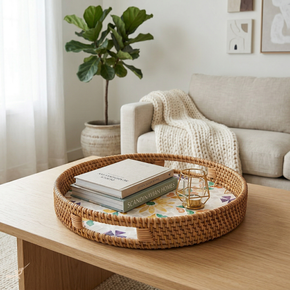 Floretia - Round tray in handmade rattan and mother-of-pearl, multicolor floral pattern – detail view – Handcrafted product, handmade · Kuênia