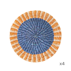 Anneau Doré - Set de table rond en jonc de mer tressé, motif bleu et orangé sur fond transparent – Produit artisanal fait à la main · Kuênia