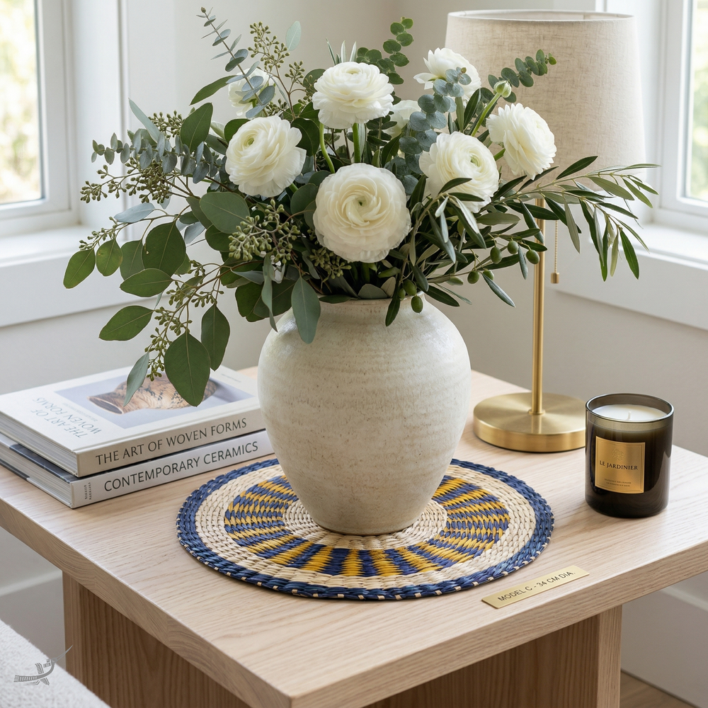 Oasis Marine - Set de table rond en jonc de mer tressé – mise en scène – Produit artisanal fait à la main · Kuênia