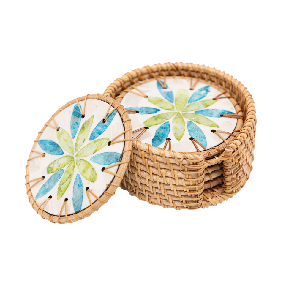 Valse de Nymphéa - Boxed set of 6 coasters in rattan and mother-of-pearl, blue and green botanical pattern on transparent background – Handcrafted product, handmade · Kuênia