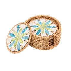 Valse de Nymphéa - Boxed set of 6 coasters in rattan and mother-of-pearl, blue and green botanical pattern on transparent background – Handcrafted product, handmade · Kuênia