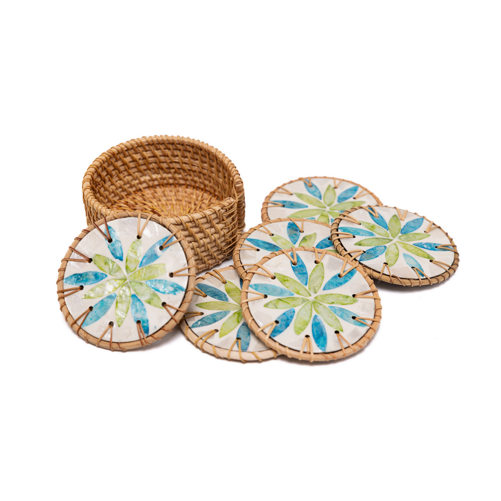 Valse de Nymphéa - Boxed set of 6 coasters in rattan and mother-of-pearl, blue and green botanical pattern – view 4 – Handcrafted product, handmade · Kuênia