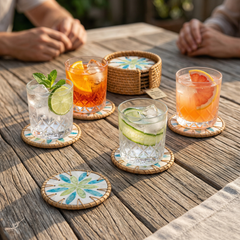 Valse de Nymphéa - Boxed set of 6 coasters in rattan and mother-of-pearl, blue and green botanical pattern – staged view – Handcrafted product, handmade · Kuênia
