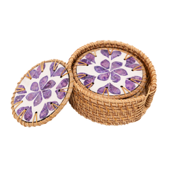 Souffle de Violette - Boxed set of 6 coasters in rattan and mother-of-pearl, purple floral pattern on transparent background – Handcrafted product, handmade · Kuênia