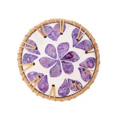 Souffle de Violette - Boxed set of 6 coasters in rattan and mother-of-pearl, purple floral pattern – view 2 – Handcrafted product, handmade · Kuênia
