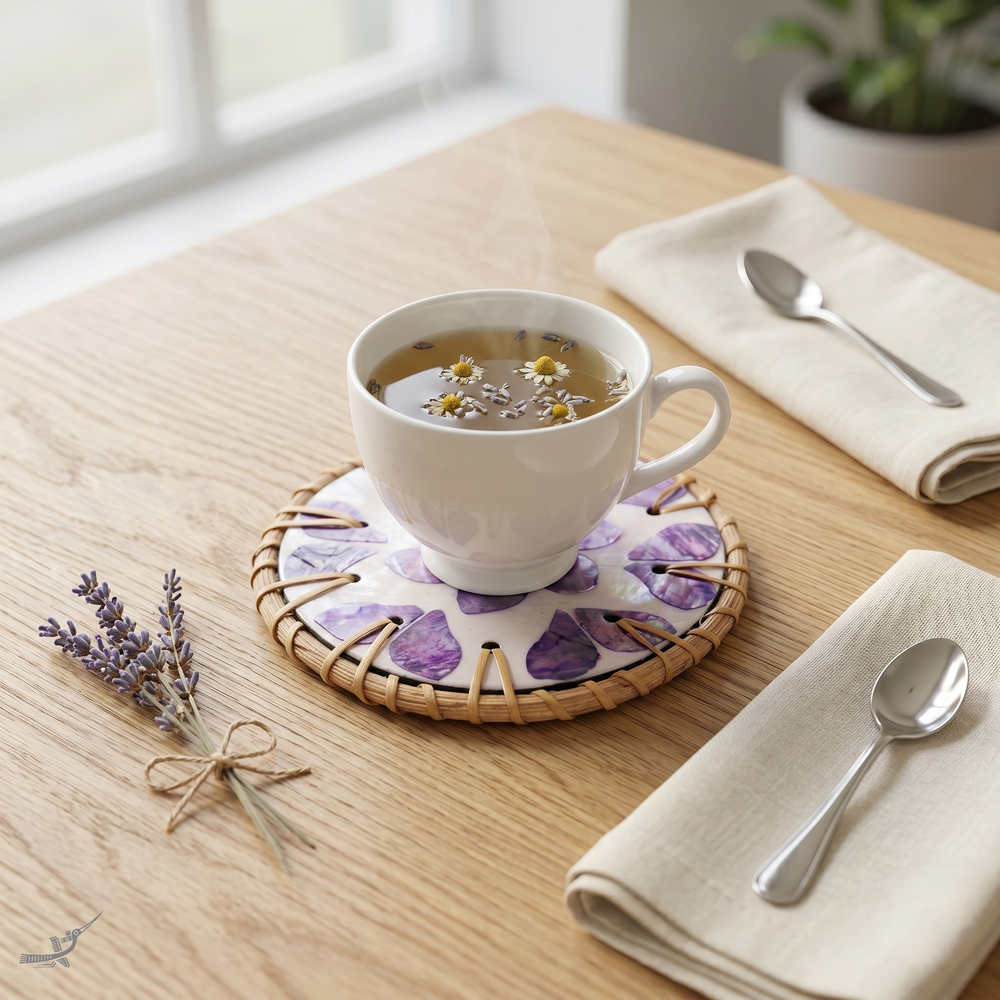 Souffle de Violette - Boxed set of 6 coasters in rattan and mother-of-pearl, purple floral pattern – detail view – Handcrafted product, handmade · Kuênia