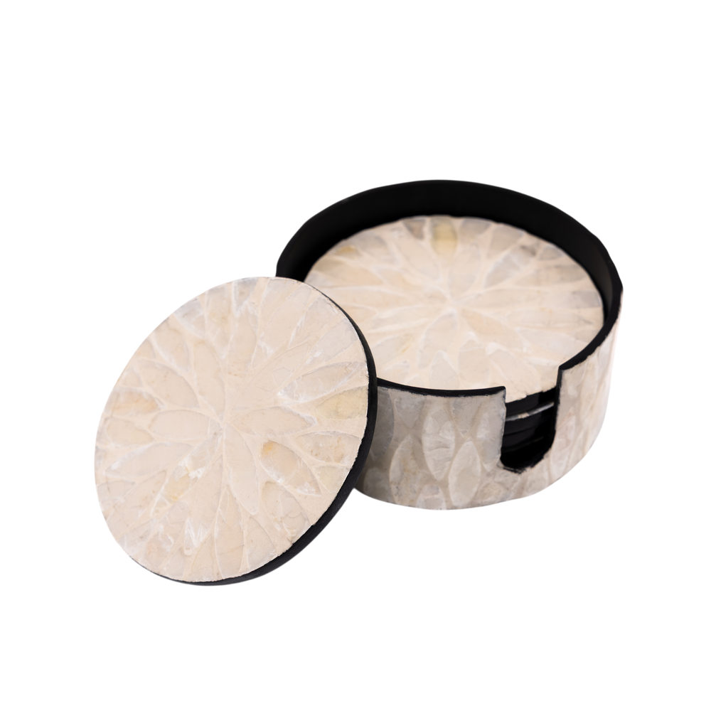 Reflets de Cristal - Boxed set of 6 coasters all mother-of-pearl, translucent floral pattern on transparent background – Handcrafted product, handmade · Kuênia