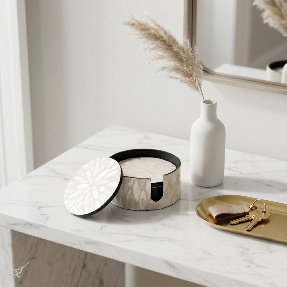 Reflets de Cristal - Boxed set of 6 coasters all mother-of-pearl, translucent floral pattern – staged view – Handcrafted product, handmade · Kuênia
