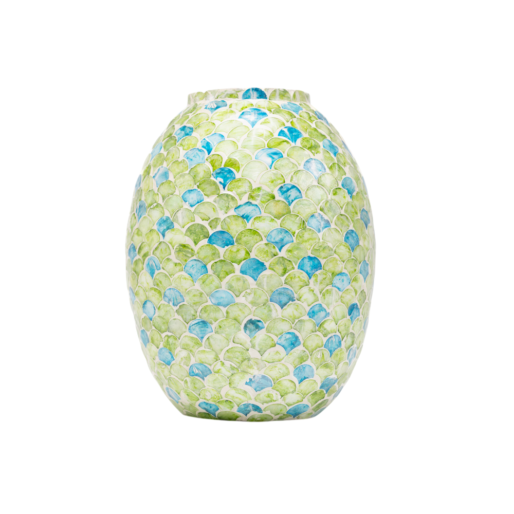 Sirena - Curved vase in mother-of-pearl marquetry, green and blue scales pattern on transparent background – Handcrafted product, handmade · Kuênia