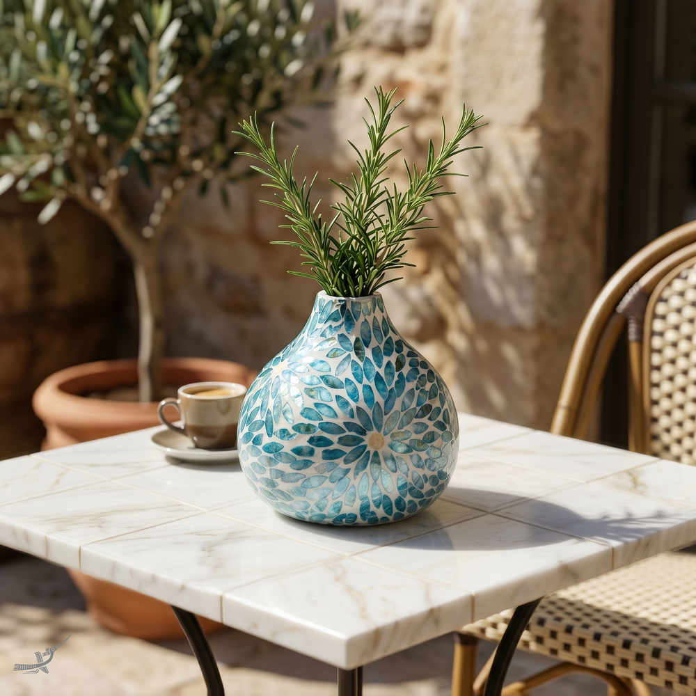 Celesto - Teardrop decorative vase in blue mother-of-pearl marquetry, floral pattern – detail view – Handcrafted product, handmade · Kuênia