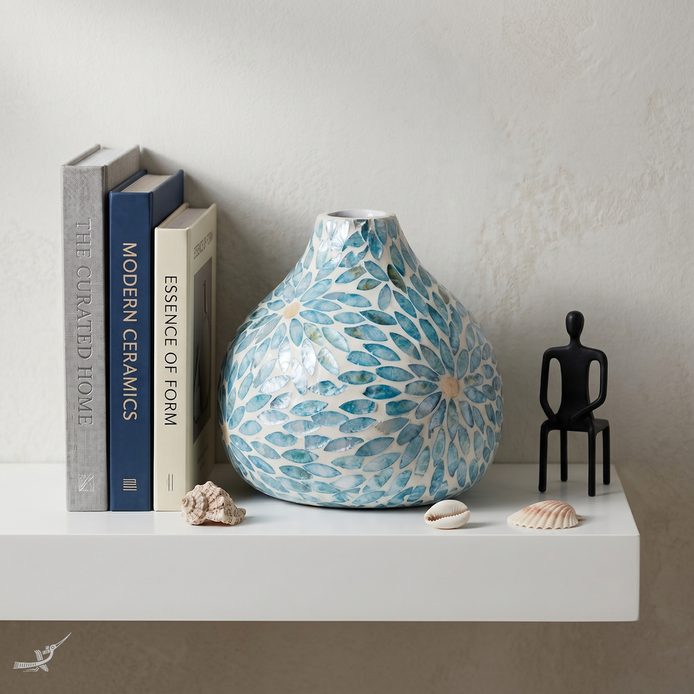 Celesto - Teardrop decorative vase in blue mother-of-pearl marquetry, floral pattern – in-use view – Handcrafted product, handmade · Kuênia
