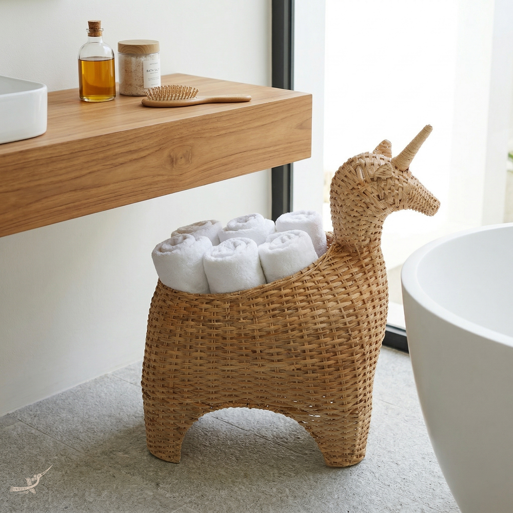Panier licorne en rotin naturel utilisé pour ranger des serviettes dans une salle de bain