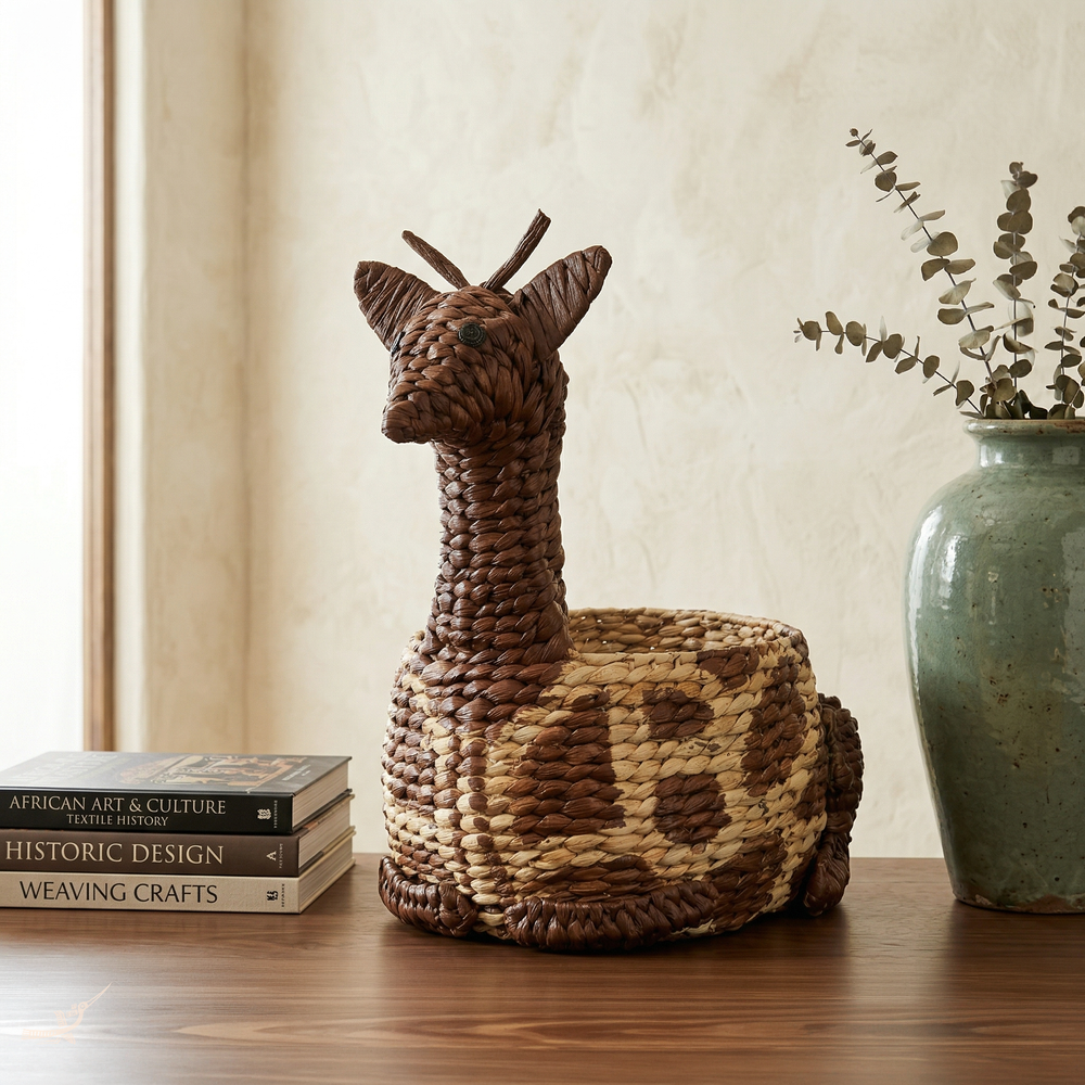 Kaoko - Panier girafe en jacinthe d'eau tressée main – vue d'usage – Produit artisanal fait à la main · Kuênia