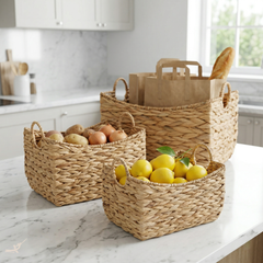 Boba - Set of 3 baskets in handwoven water hyacinth – staged view – Handcrafted product, handmade · Kuênia