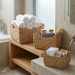 Boba - Set of 3 baskets in handwoven water hyacinth – lifestyle view – Handcrafted product, handmade · Kuênia