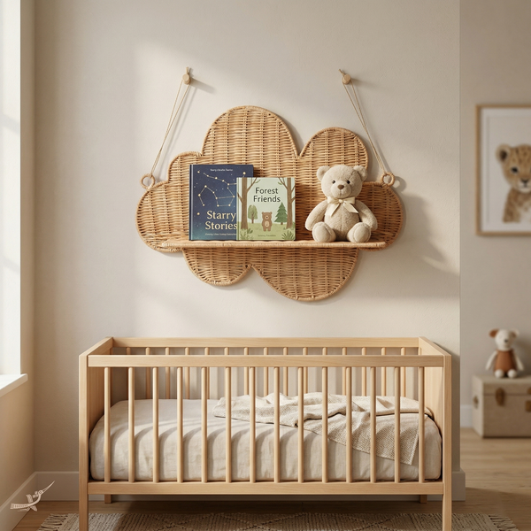 Mâya - Étagère murale nuage en rotin tressé main – vue de détail – Produit artisanal fait à la main · Kuênia