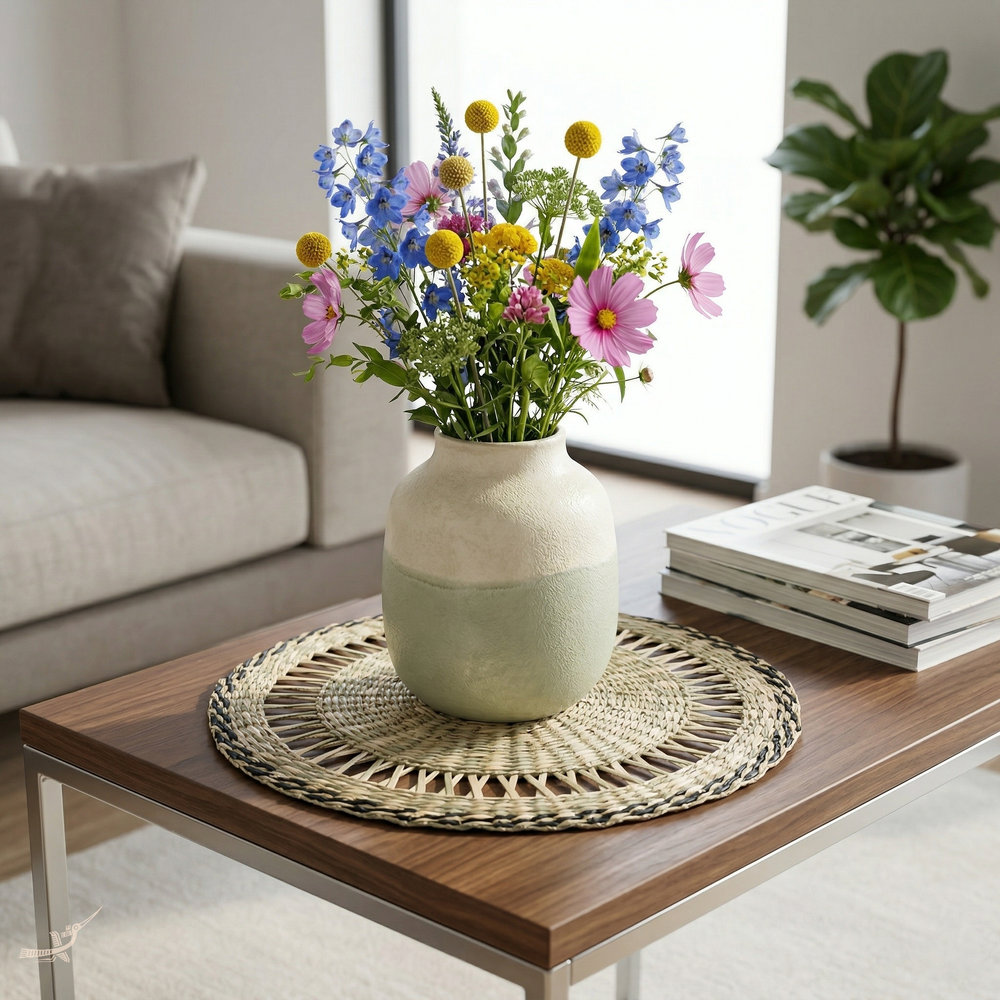 Couronne Alizée - Set de table rond en jonc de mer avec liseré noir – vue d'ambiance – Produit artisanal fait à la main · Kuênia