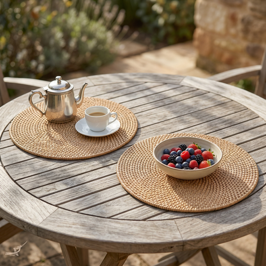 Lune Ensablée - Set de table rond en rotin tressé main – vue de détail – Produit artisanal fait à la main · Kuênia