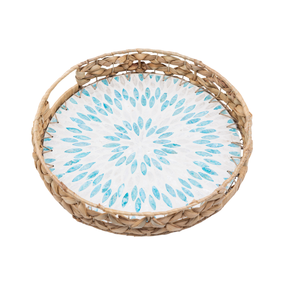 Marinia Grande - Plateau rond en jacinthe d'eau et nacre sur fond transparent – Produit artisanal fait à la main · Kuênia
