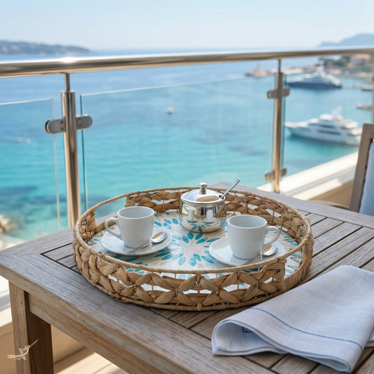Marinia Grande - Plateau rond en jacinthe d'eau et nacre – vue de détail – Produit artisanal fait à la main · Kuênia