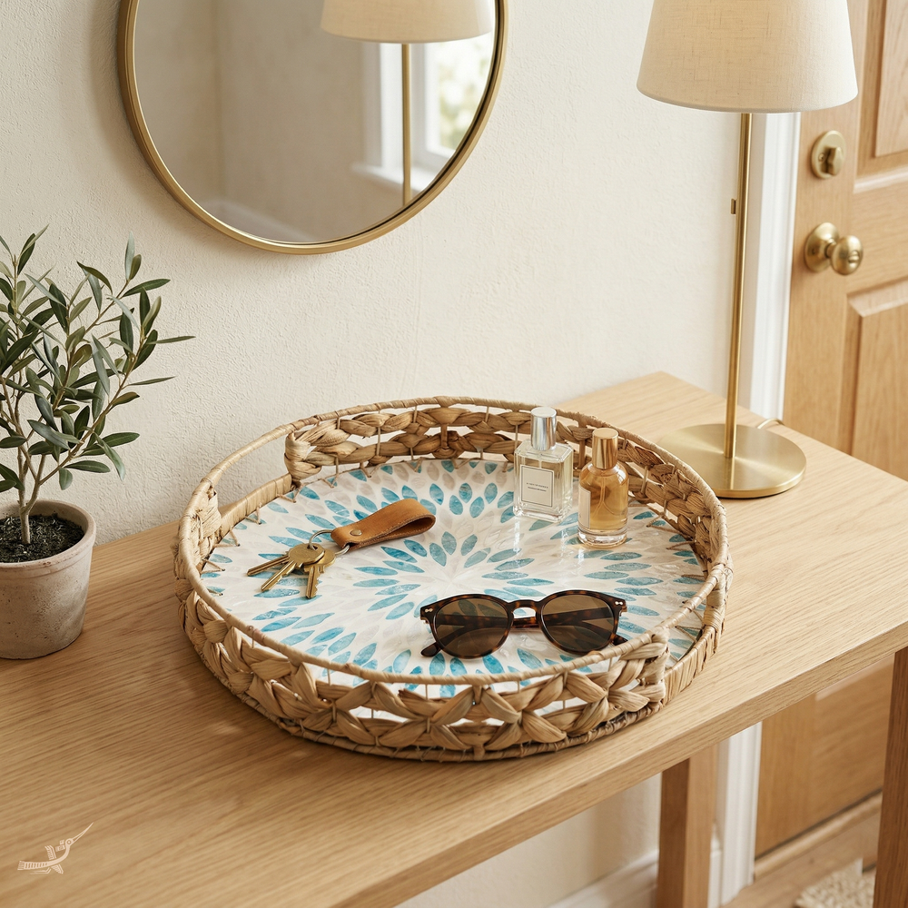 Marinia Grande - Plateau rond en jacinthe d'eau et nacre – vue d'usage – Produit artisanal fait à la main · Kuênia