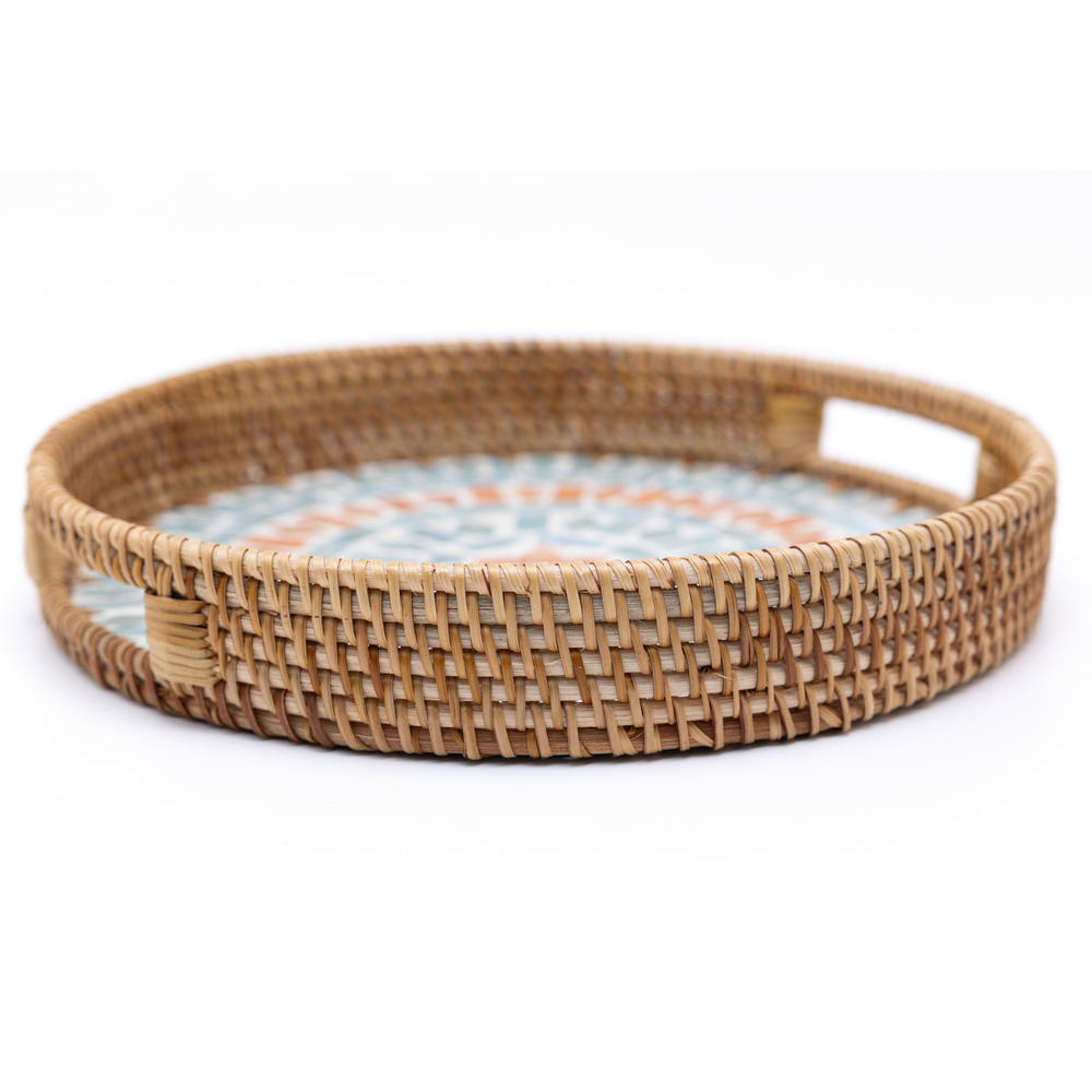 Embrasia - Round tray in handmade rattan and mother-of-pearl – view 3 – Handcrafted product, handmade · Kuênia