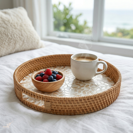 Opalia - Plateau rond en rotin et nacre fait main – vue d'ambiance – Produit artisanal fait à la main · Kuênia