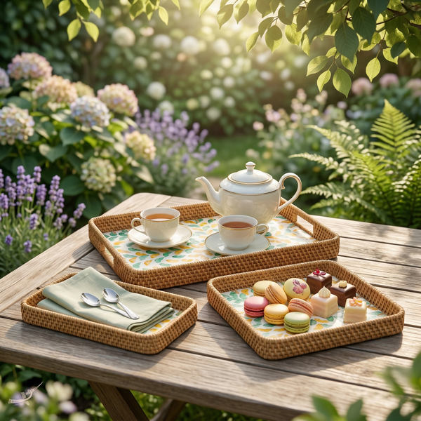 Autonia - Set de 3 plateaux rectangulaires en rotin et nacre fait main, motif feuillage automnal – vue de détail – Produit artisanal fait à la main · Kuênia