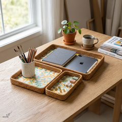 Autonia - Set de 3 plateaux rectangulaires en rotin et nacre fait main, motif feuillage automnal – vue d'usage – Produit artisanal fait à la main · Kuênia