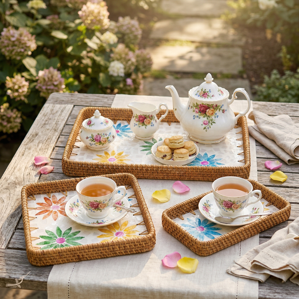 Printania - Set de 3 plateaux rectangulaires en rotin et nacre fait main, motif floral multicolore – vue de détail – Produit artisanal fait à la main · Kuênia