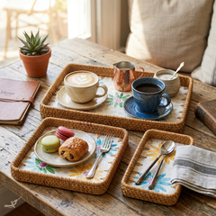 Printania - Set de 3 plateaux rectangulaires en rotin et nacre fait main, motif floral multicolore – mise en scène – Produit artisanal fait à la main · Kuênia