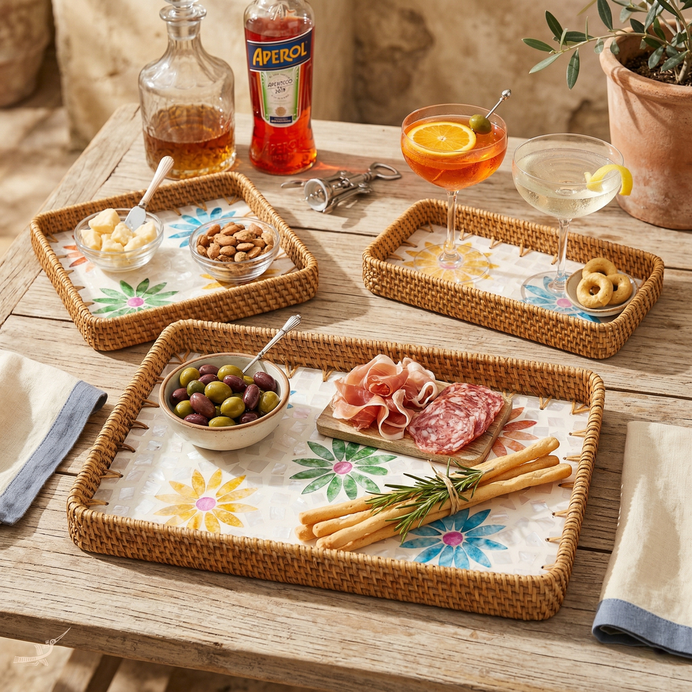Printania - Set de 3 plateaux rectangulaires en rotin et nacre fait main, motif floral multicolore – vue d'usage – Produit artisanal fait à la main · Kuênia