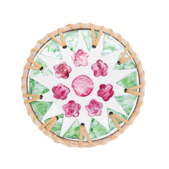 Ronde de Cerisier - Set of 6 coasters in handmade rattan and mother-of-pearl, pink and green floral pattern – view 2 – Handcrafted product, handmade · Kuênia