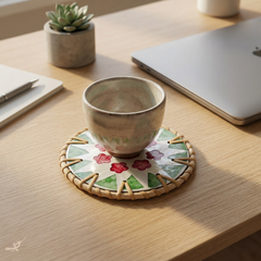 Ronde de Cerisier - Set of 6 coasters in handmade rattan and mother-of-pearl, pink and green floral pattern – detail view – Handcrafted product, handmade · Kuênia