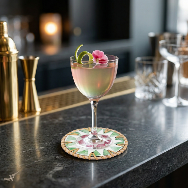 Ronde de Cerisier - Set de 6 sous-verres en rotin et nacre fait main, motif floral rose et vert – vue d'usage – Produit artisanal fait à la main · Kuênia