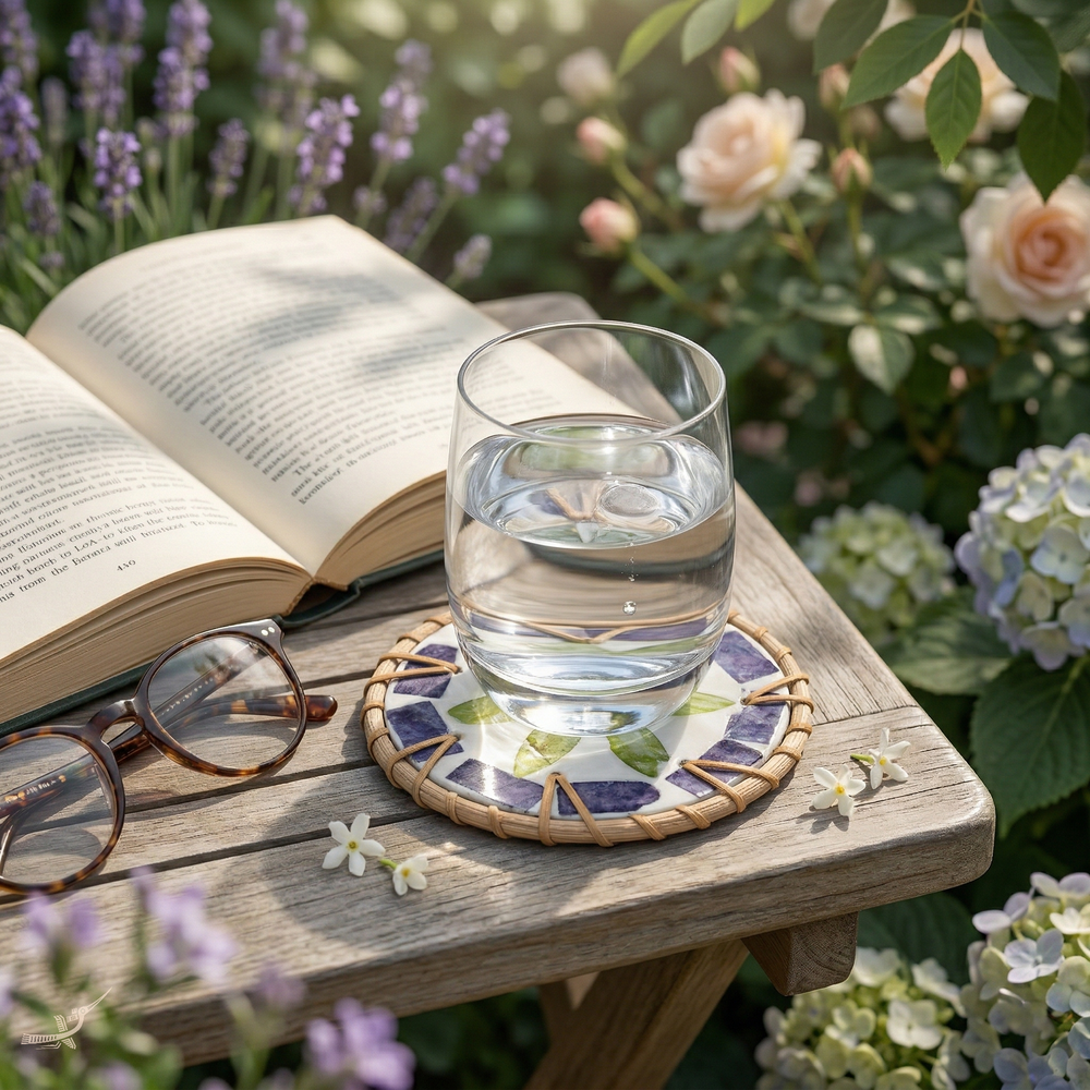 Étoile de Pervenche – Coffret de 6 sous-verres en rotin et nacre, avec couvercle, motif floral violet et vert – vue de détail – Produit artisanal fait à la main · Kuênia
